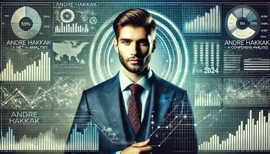 A detailed and professional image showing Andre Hakkak in a business setting, with financial charts and graphs in the background. The image should convey wealth and analysis, with a sleek and modern design. Andre Hakkak should be dressed in a suit, looking confident and successful. The title 'Andre Hakkak’s Net Worth: A Comprehensive Analysis for 2024' should be prominently displayed at the top.