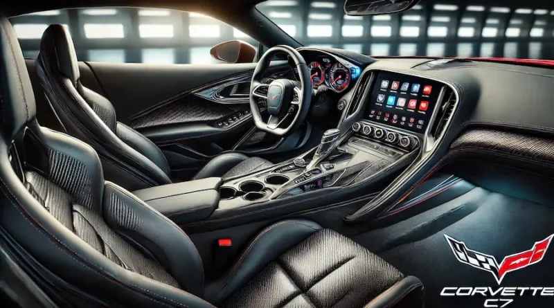 The interior of a Corvette C7 showcasing its luxurious and driver-focused design. The scene should highlight premium leather seats, carbon fiber accents, and an advanced infotainment system with an 8-inch touchscreen. Include details like the digital instrument cluster, customizable ambient lighting, and a sleek, modern dashboard. The setting should be well-lit to emphasize the quality materials and craftsmanship.