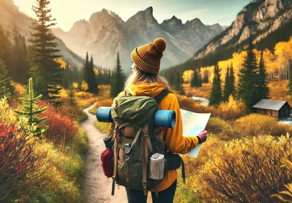 A woman in a yellow jacket and brown beanie, holding a map, hikes on a scenic mountain trail surrounded by colorful autumn foliage with shades of orange, yellow, and green. She carries a large backpack and looks towards the distant mountains.