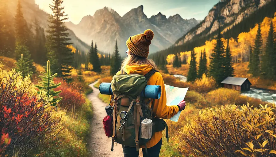 A woman in a yellow jacket and brown beanie, holding a map, hikes on a scenic mountain trail surrounded by colorful autumn foliage with shades of orange, yellow, and green. She carries a large backpack and looks towards the distant mountains.