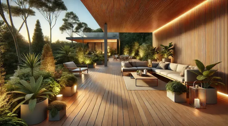 Wide outdoor deck with modern seating, plants, and soft lighting for a cozy, natural ambiance.