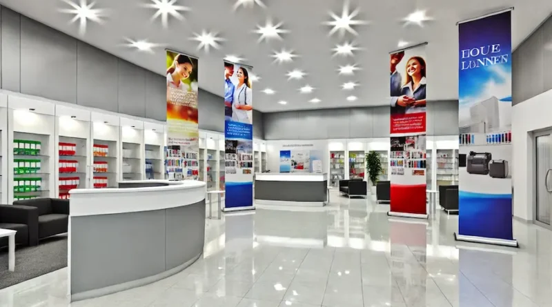 Wide interior of a modern business environment featuring colorful banners displayed in strategic areas such as the reception, walls, and near product displays. The banners contain promotional messages and business logos, complementing the sleek, well-lit, and professional design of the space.