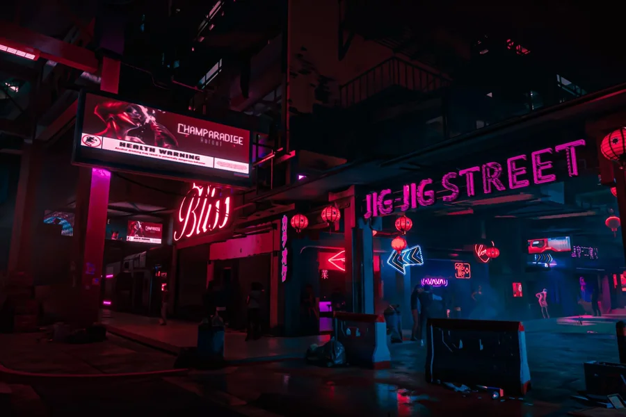 Futuristic cyberpunk city at night with neon lights