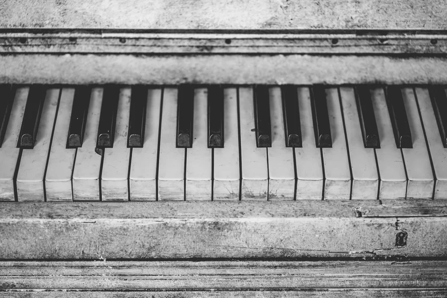 Close up of black and white vintage piano keys