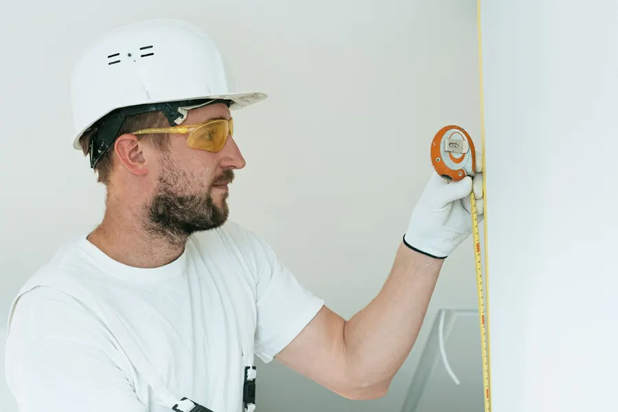 Remodeling contractor taking accurate wall measurements during a Florida home renovation in Vero Beach